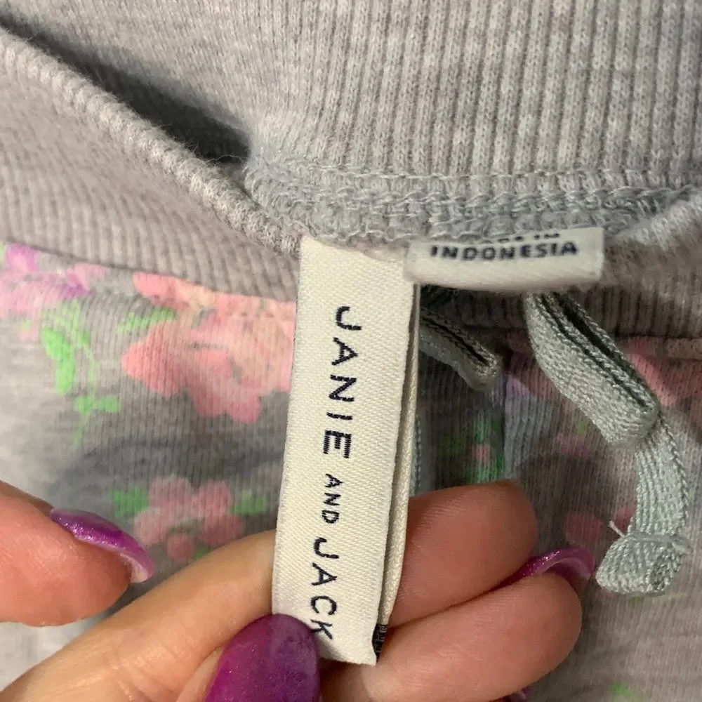 Janie and Jack- Toddler Gray Joggers with Pink Floral Pattern-3T